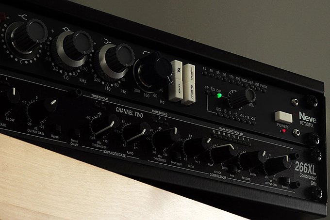 Photograph of Neve 1073SPX preamp, part of Portuguese voice-over gear